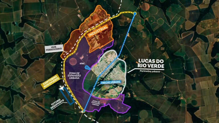 Mapa do planejamento urbano de Lucas do Rio Verde com perímetro, áreas de expansão e corredores previstos